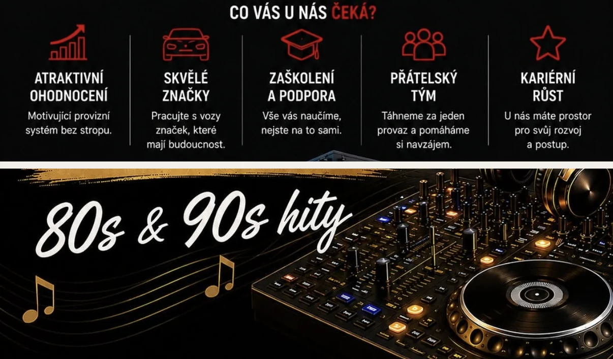 Dva výřezy z reklamních grafik různých firem se stejným vizuálním stylem — tmavé pozadí, lesklé 3D prvky, zlaté a červené akcenty, tučné verzálky