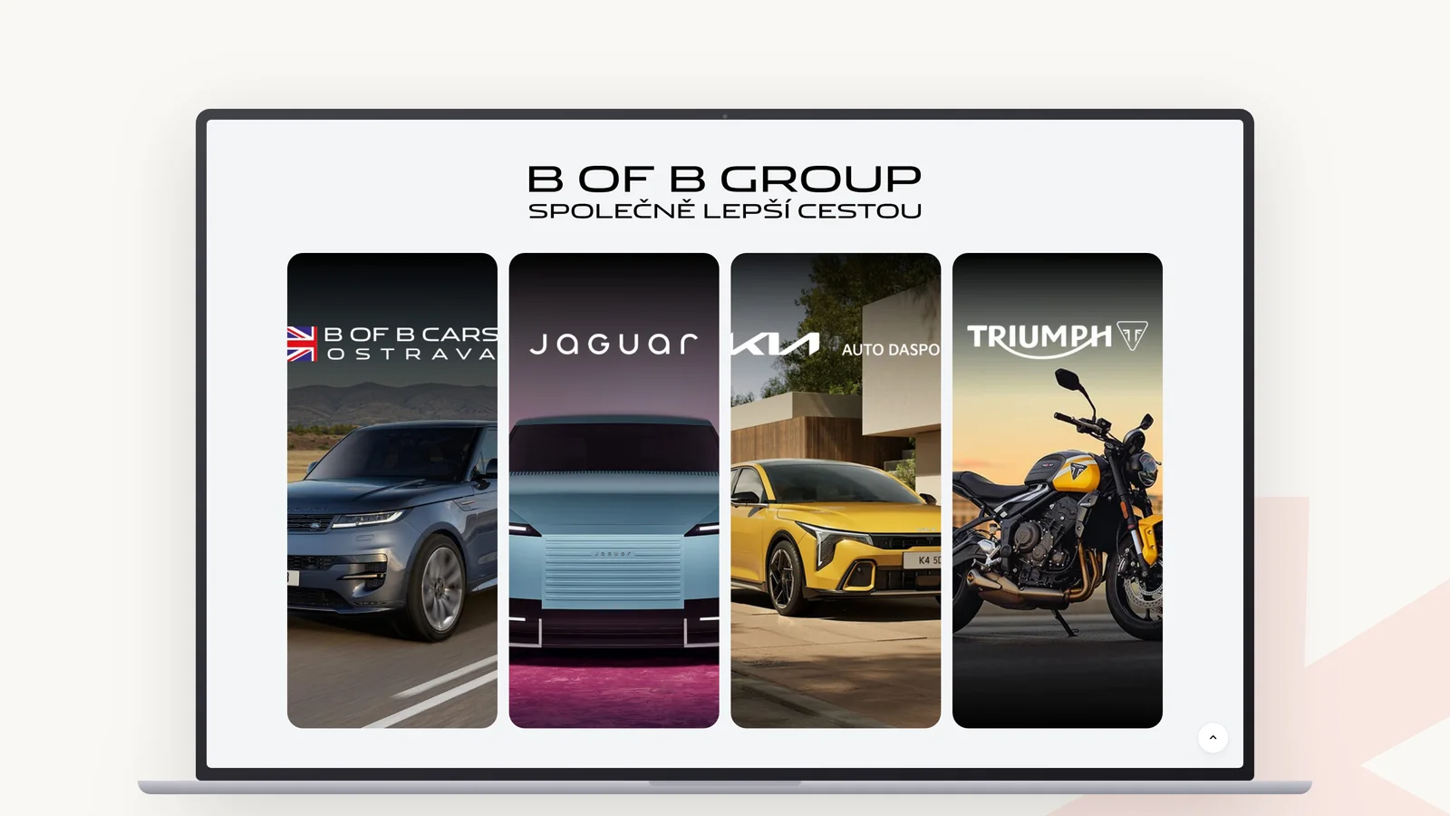 Rozcestník B of B Group — čtyři dlaždice značek: B of B Cars, Jaguar, Kia AUTO DASPOL a Triumph
