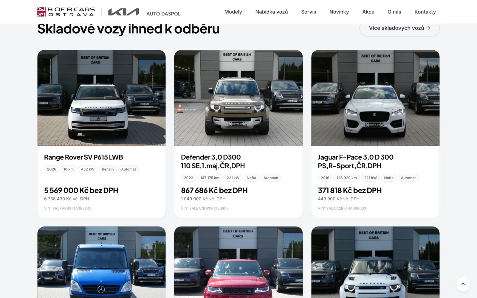 Skladové vozy na webu B of B Cars — u každého vozu fotka, rok, nájezd, výkon, palivo, cena s DPH i bez a VIN