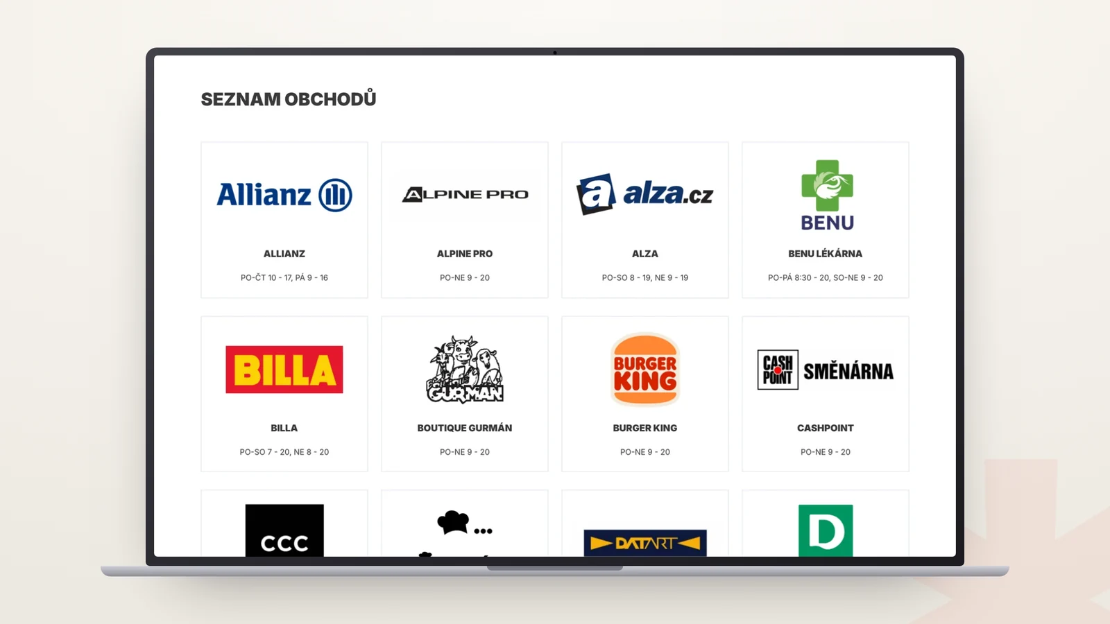 Web OC FRÝDA — přehled obchodů s logem, názvem a otevírací dobou