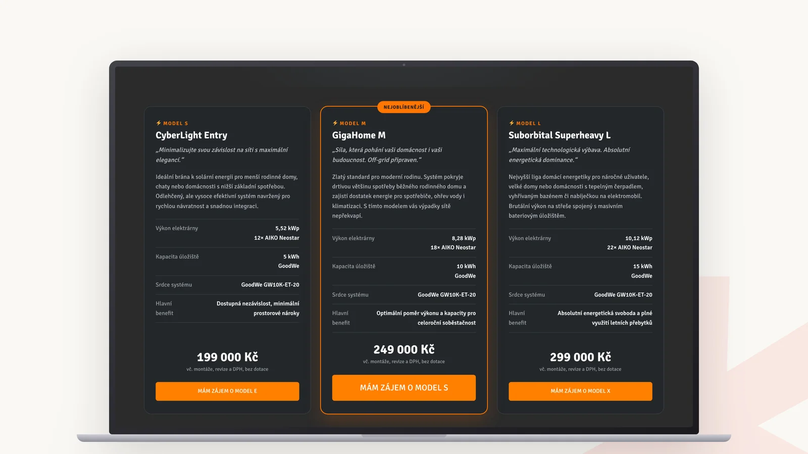 Web WOLF ENERGY — solární sestavy S, M a L s výkonem, kapacitou úložiště a cenou